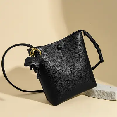 Black Genuine Leather Bucket Bag for Women