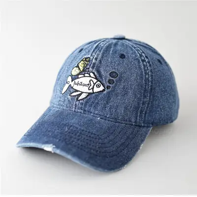 Women Denim Fish Cap Light Blue Embroidered