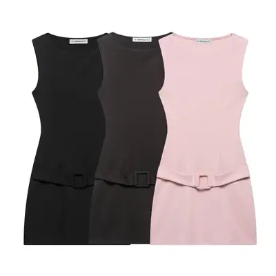 Black Square Neck Belt Short Dress for Women