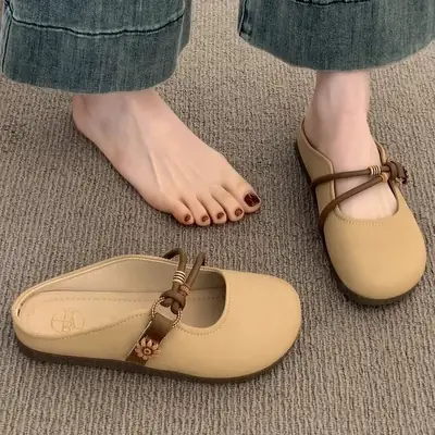 Women's Brown Flats with Gold Buckle Strap