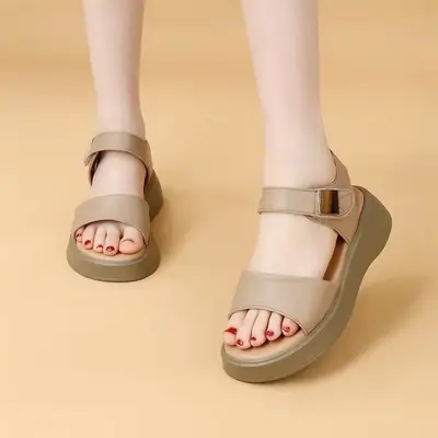 Women's Beige Thick Strap Sandals Summer Flat