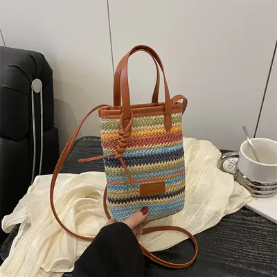 Color Striped Women's Woven Phone Bag Shoulder Crossbody