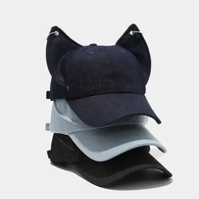 Distressed Denim Dog Ears Baseball Cap Navy Blue