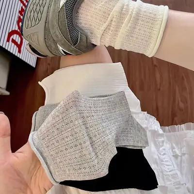 Curled Stacking Socks Children's Stockings Ins Trendy Pure Cotton Spring and Autumn Japanese Style Jk Hollow Mesh Solid Color Summer Mid-length Socks