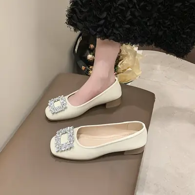 Women Rhinestone Flat Shoes Black Square Toe Slip-On