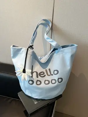 Hello World Casual Blue Canvas Tote Bag for Women
