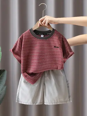 Boys Striped T-Shirt Shorts Set Maroon White Summer 5