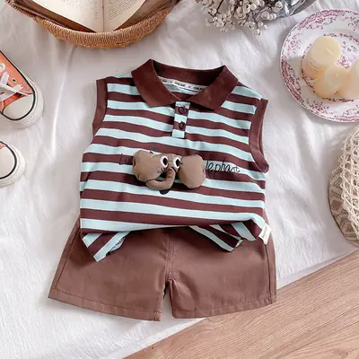 Children's Striped Polo Suit Brown Cotton Kids 2025
