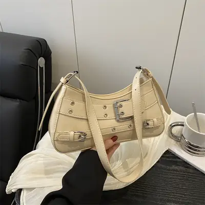 Vintage Beige Leather Shoulder Bag for Women 2025