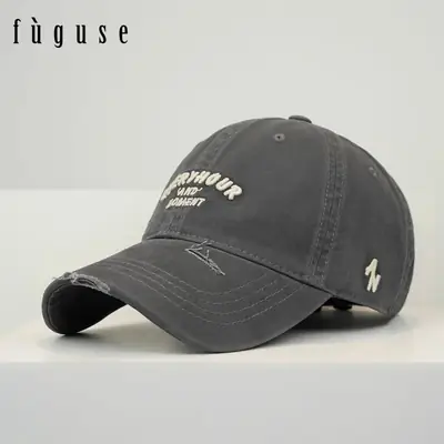 Vintage Distressed Black Baseball Cap Unisex Letter Curved Brim