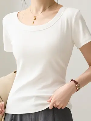 Solid Color Regular Shoulder Round Neck Short Sleeve T-Shirt for Women 2026 New Summer Versatile Slim Fit Cotton Base U-Neck Top