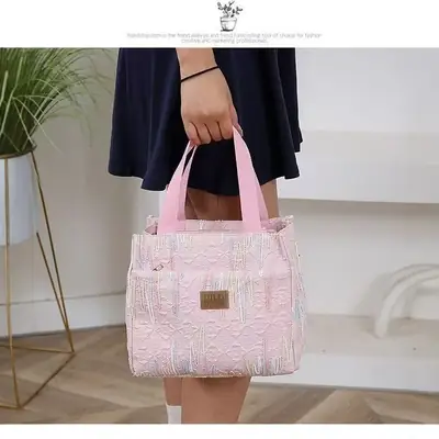 Pink Embroidered Women's Large Tote Bag with Handles