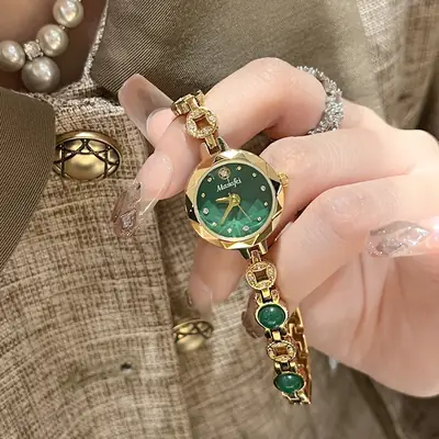 Women's Green Crystal Bracelet Watch with Gold Chain