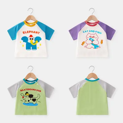 Baby Elephant Cartoon T-Shirt Blue White Half Sleeve Spring