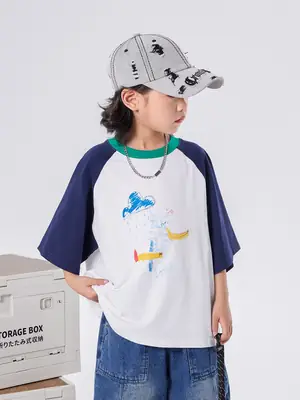 Boys T-shirt 2025 Summer Cotton Raglan Sleeve Round Neck