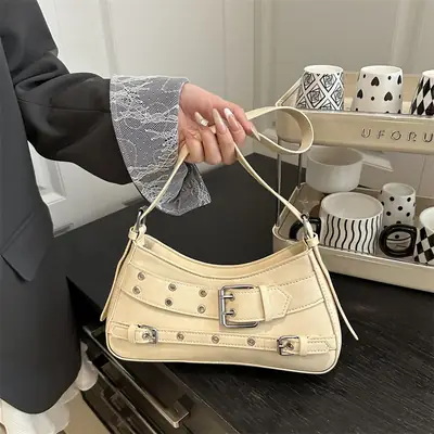 Beige Leather Crossbody Bag with Buckle & Strap
