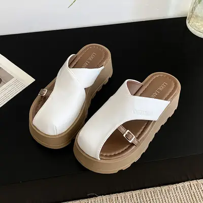 Women's Tan Leather Slip-On Mules with Thick Sole