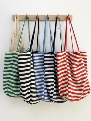 Striped Canvas Tote Bags 2024 New Korean Style
