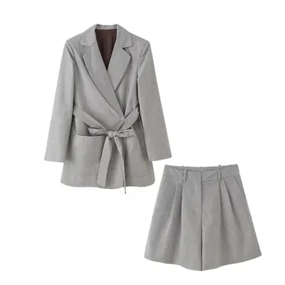 Grey Belted Crossbody Jacket with Pleated Pants