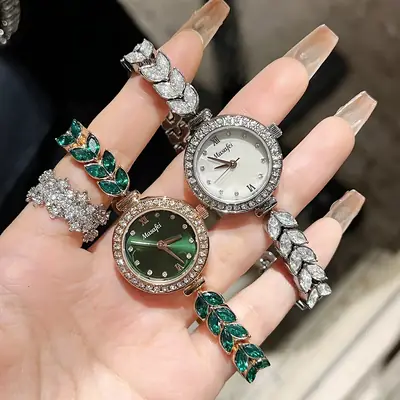 Luxury Mermaid Watch for Women with Green Leaves Design