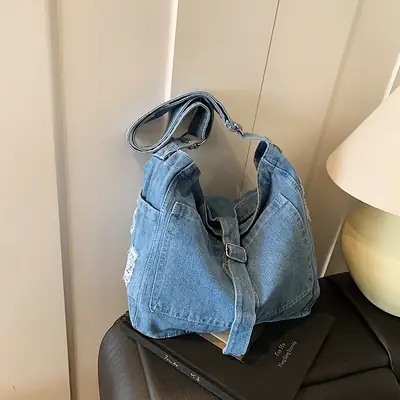 Blue Denim Sports Tote Bag for Girls Large Capacity