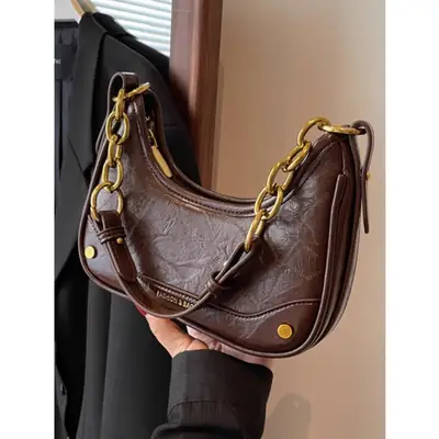 Brown Leather Crescent Bag with Gold Chain for Women