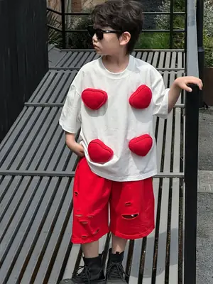 2025 Boys T-shirt Red Heart Print Cotton Shorts Set