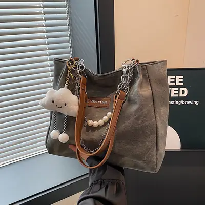 Women Casual Shoulder Tote Bag Brown Leather 2025 Spring Summer
