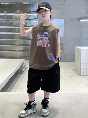 Summer Cotton Cartoon Vest for Boys Black Shorts