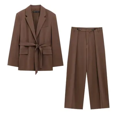 Brown Long Sleeve Belted Casual Pants Set