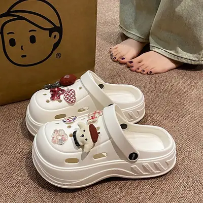 Women's White Rose Puppy Hole Sandals Thick Soled Non Slip