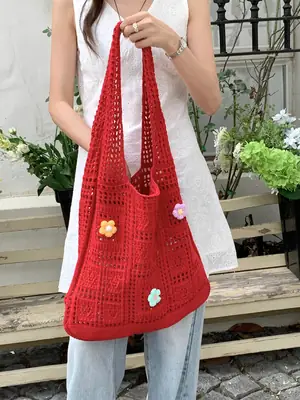 Red Flower Knitted Shoulder Bag for Women