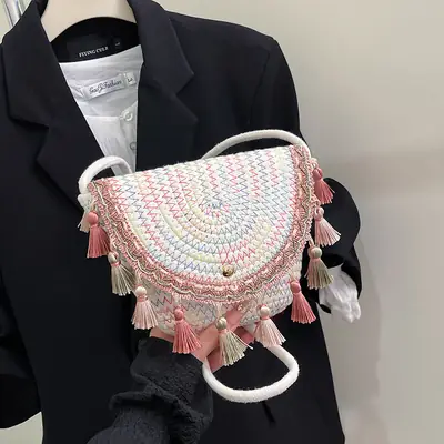 Women's 2025 Straw Shoulder Bag with Tassels