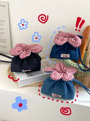 Cute Denim Crossbody Bag with Red Checkered Bow