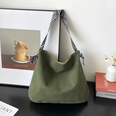 Women's Green Straw Shoulder Bag with Striped Strap