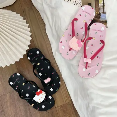Printed Bow Cat Flip-Flops Women's Summer Sweet Beach Flats