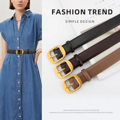 Women's Black Genuine Leather Belt with Gold Buckle