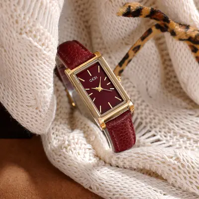 Gold Square Watch Green Dial Quartz for Women