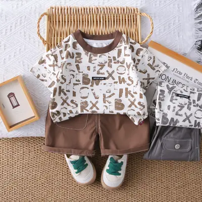 New Boys Letter Print 2Pc Summer T-Shirt Set Brown Shorts