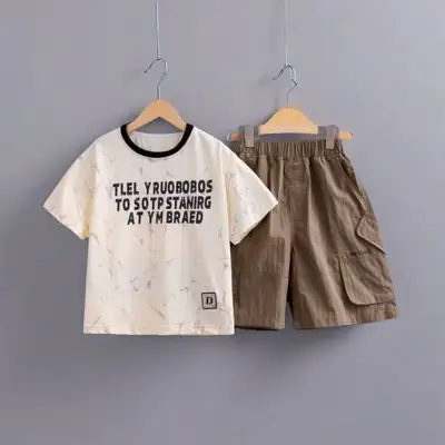 Pure Cotton Boys Shorts Set White Brown