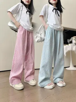 Women Checkered Wide Leg Pants Summer Casual Large Hem