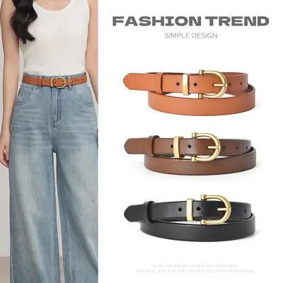 Women's Brown Genuine Leather Belt with Gold Buckle