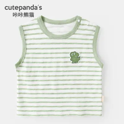 Kaka Panda Green Striped Baby Vest with Frog Print