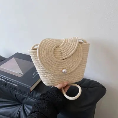 Beige Woven Shoulder Crossbody Bag with Pearl Accents