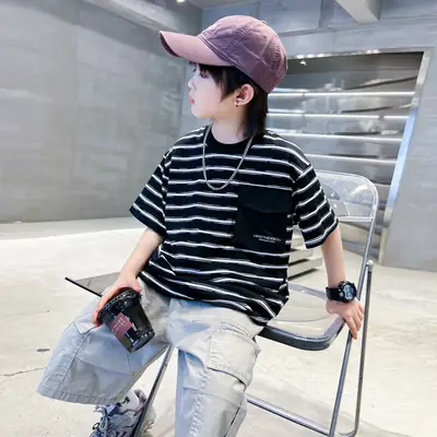 Boys Korean Striped T-Shirt 2026 Summer Cool Top
