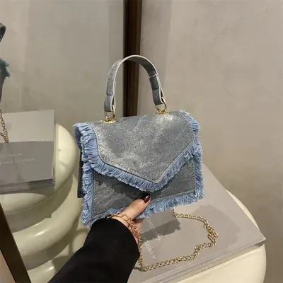 Women's Blue Velvet Crossbody Bag with Fringe Handle