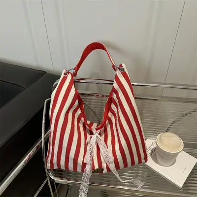 Red White Striped Double Sided Tote Bag