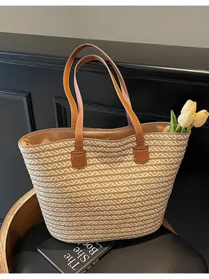 Women's Straw Crossbody Bag with Leather Handles