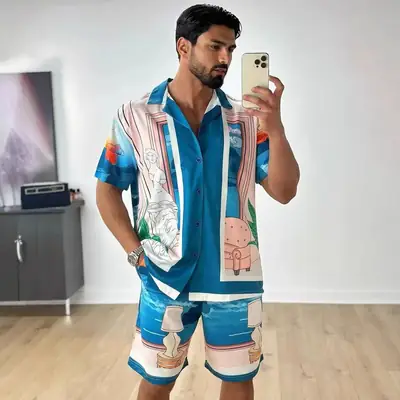 Men's 2025 Navy Blue Lapel Button Shirt Shorts Set