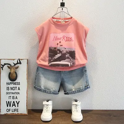 Pink Kids T-Shirt with "I Love Kids" Print, Cotton, Sleeveless, 2025
